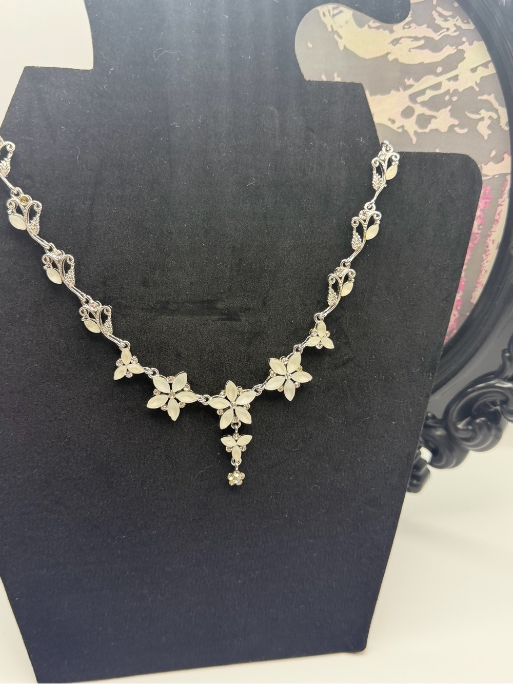 Delicate Silver/ Grey Tone Glass Crystal Floral Drop Necklace